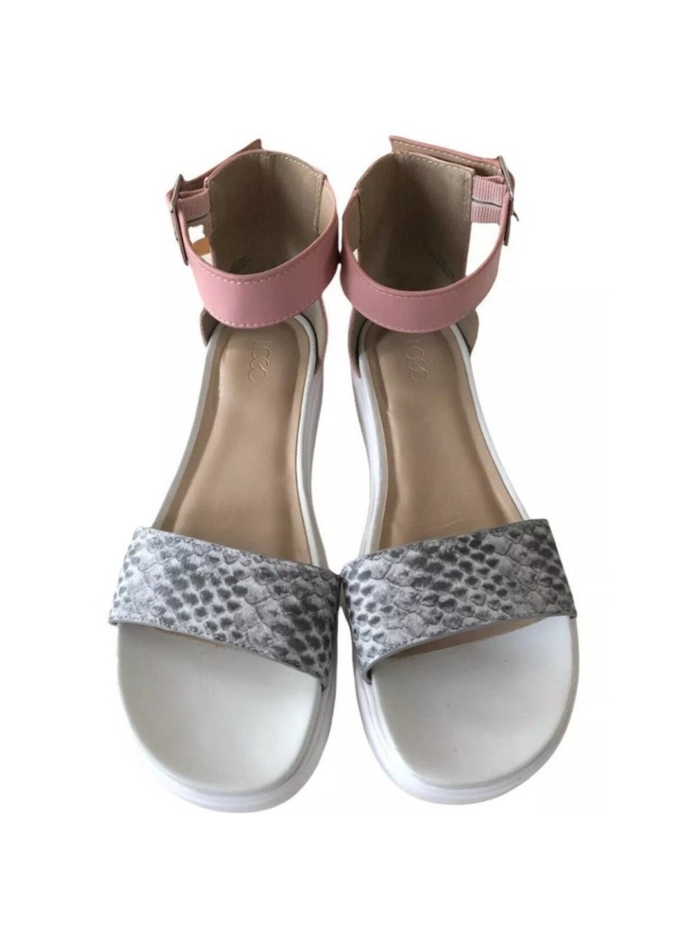 LOGO by Lori Goldstein Pink Ankle-Strap Sandals with Gray Snake-Print Toe